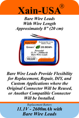 UL2054 Certified, 11.1V 2600mAh Li-ion Battery, 5A Cont., Bare Wire Leads