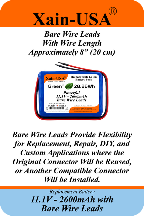 UL2054 Certified, 11.1V 2600mAh Li-ion Battery, 5A Cont., Bare Wire Leads
