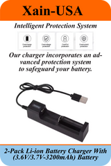 2-Pack: (Charger + 3.7V, 3200mAh Li-ion Rechargeable Battery). Ideal for flashlights, solar lights, torches, toys, radios, and other electronic devices.