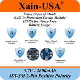 3.7V 2600mAh Li-ion Battery Pack with JST-SM 2-Pin Positive Polarity