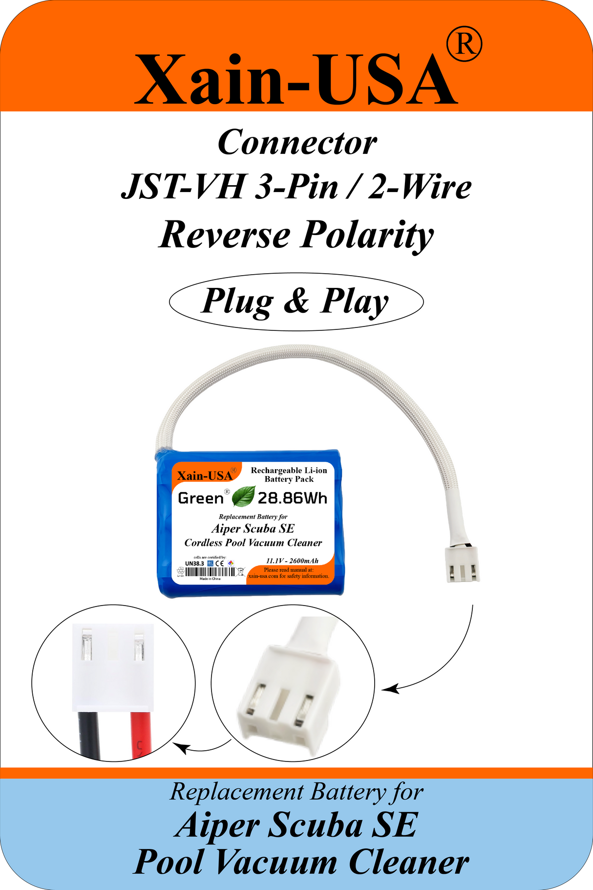 Xain-Pool Power | 2600mAh Upgraded Battery for Aiper Scuba SE Cordless Pool Vacuum Cleaner | 11.1V Extended Runtime Lithium-Ion Pack | OEM Replacement Part HYY0345210 / 3INR19/66