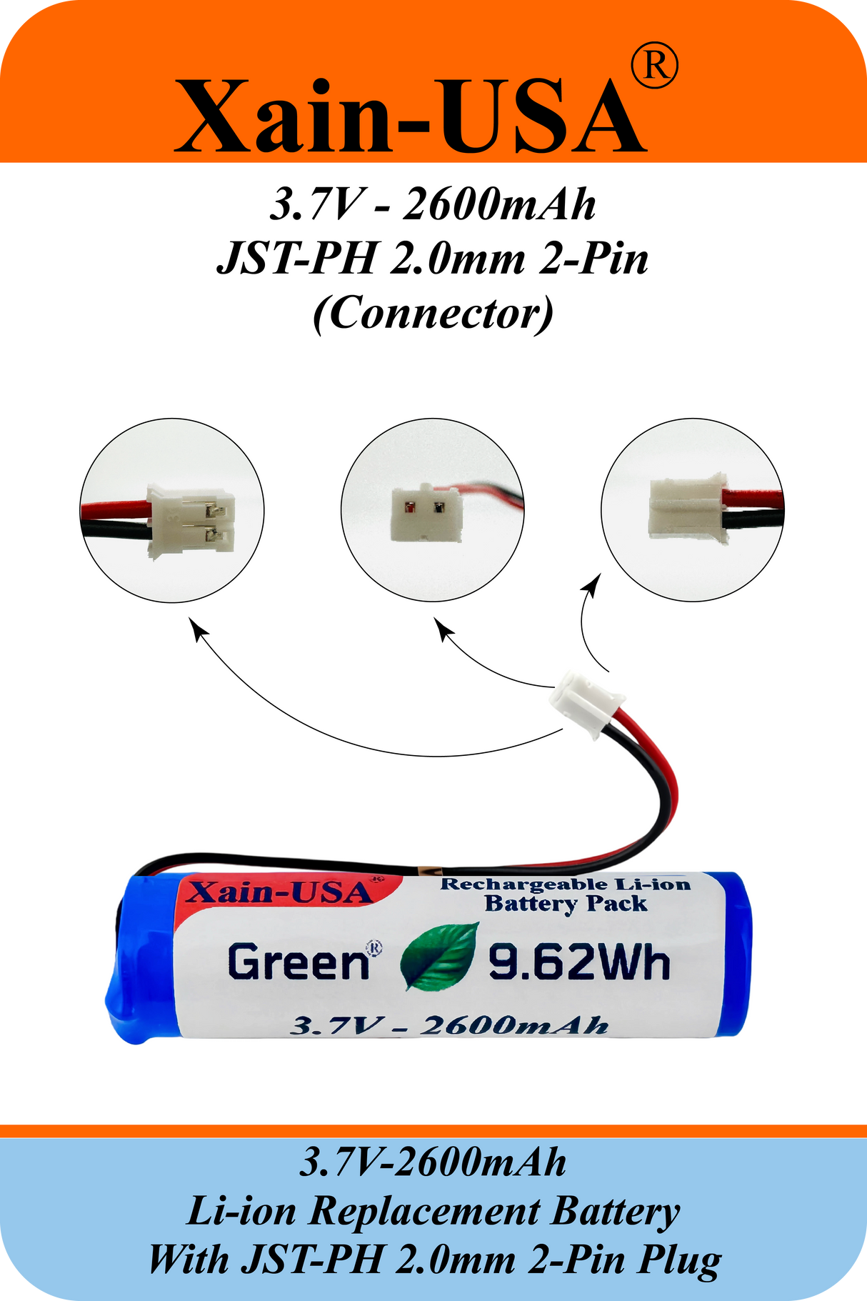 Premium 3.7V 2600mAh Replacement Battery – JST‑PH 2‑Pin Connector Compatible with flashlights, drones, voice amplifiers, RC toys, and a wide range of electronics.
