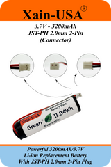 Xain-High Capacity 3.7V 3200mAh Li-ion Replacement Battery – JST‑PH 2‑Pin Connector / Long Lasting 1000+ Cycle / Compatible with flashlights, drones, RC toys, Solar Lights.