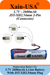 (2-Pack) 3.7V 2600mAh Li-ion Battery Pack (9.62Wh) with JST-XH 2-Pin Connector – Rechargeable 1S Pack for RC Cars, Robots, LED Lights, Portable Electronics, DIY Electronics Products