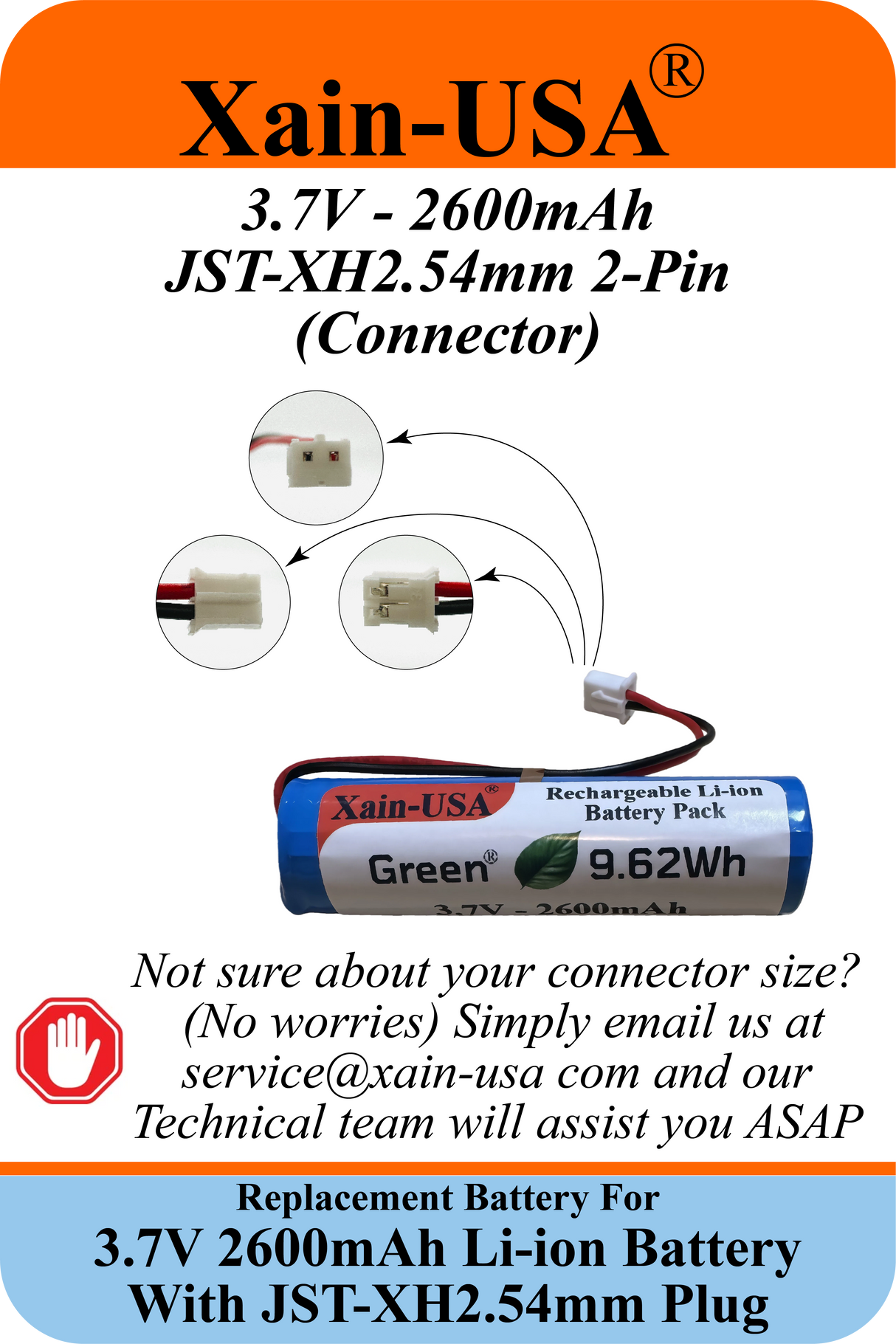 3.7V 2600mAh / JST-XH 2.54 2-Pin Plug / Li-ion Replacement battery / for Croove Amplifier, Toys, Lighting, Bluetooth Devices, DIY Electronics, and More