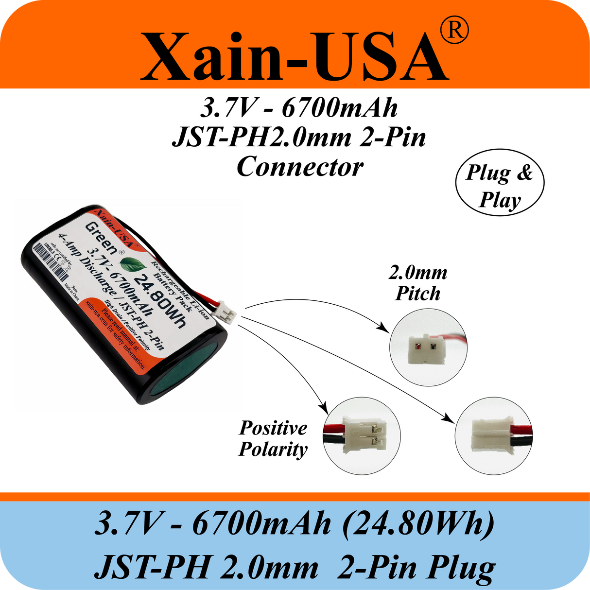 1S2P High-Capacity High-Drain 3.7V - 6700mAh Li-ion Battery Pack, with JST-PH 2-Pin Plug, 152% more power than 4400mAh, for Electronics, Solar Lights, GPS, Meshtastic Solar Node Project, Speakers