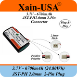 1S2P High-Capacity High-Drain 3.7V - 6700mAh Li-ion Battery Pack, with JST-PH 2-Pin Plug, 152% more power than 4400mAh, for Electronics, Solar Lights, GPS, Meshtastic Solar Node Project, Speakers