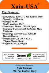 14.4V 3200mAh Replacement Battery Pack for Eufy 11C Pet Edition Only, 46.08Wh, 4S1P Li-ion Battery with Built-in BMS Protection