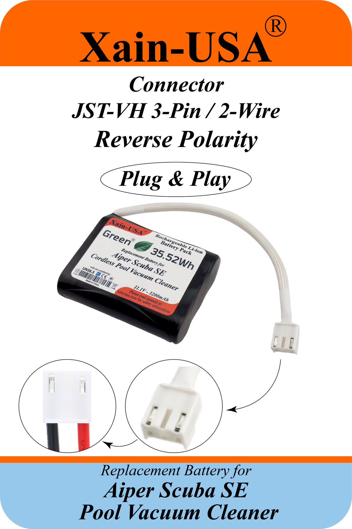 Xain-Pool Power | 3200mAh Upgraded Battery for Aiper Scuba SE Cordless Pool Vacuum Cleaner | 11.1V Extended Runtime Lithium-Ion Pack | OEM Replacement Part HYY0345210 / 3INR19/66