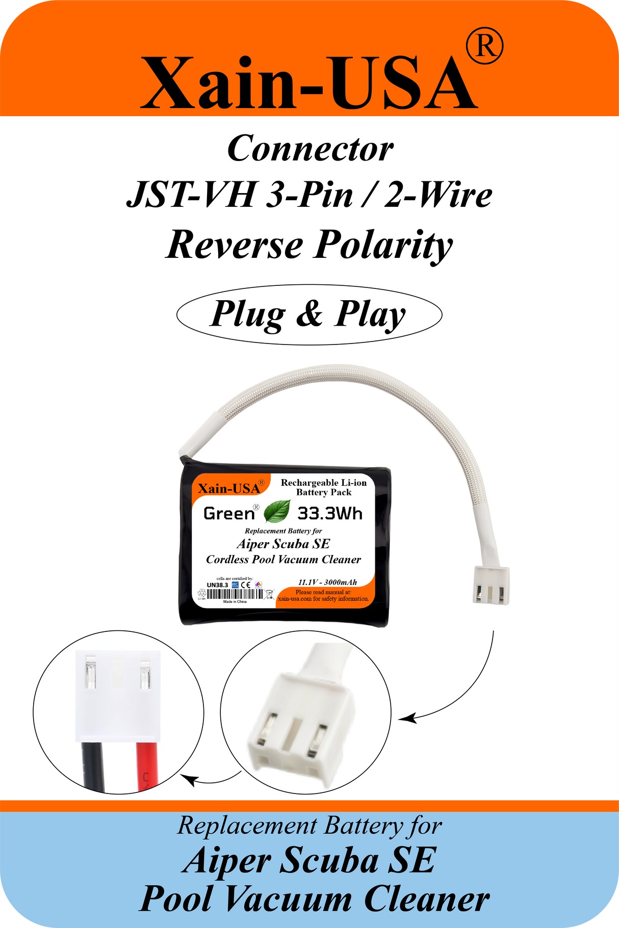 Xain-Pool Power | 3000mAh Upgraded Battery for Aiper Scuba SE Cordless Pool Vacuum Cleaner | 11.1V Extended Runtime Lithium-Ion Pack | OEM Replacement Part HYY0345210 / 3INR19/66