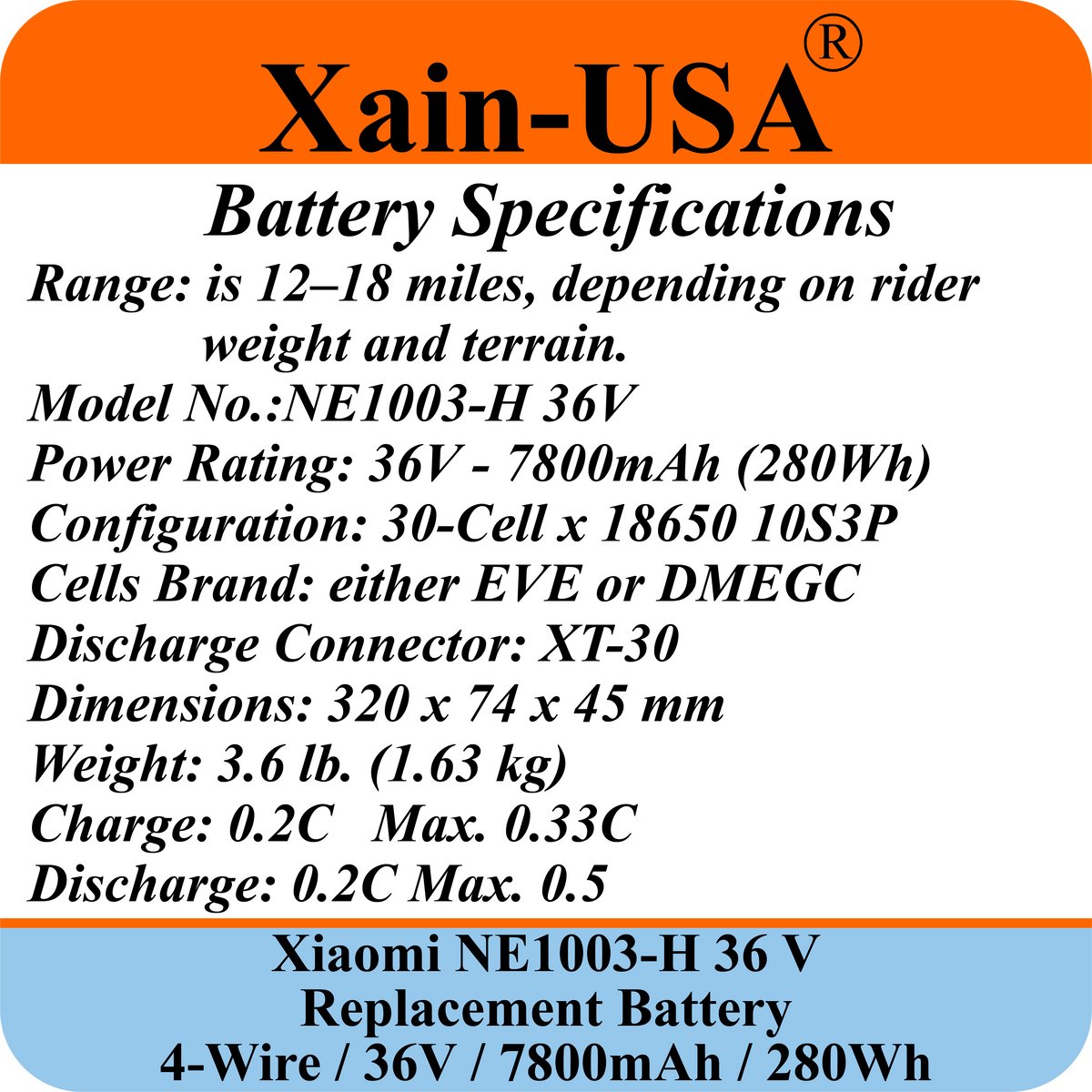 Replacement Battery For Xiaomi M365 PN: NE1003-H (36V 7800mAh, 280Wh) with Built-in Communication Protocol. Please See Our Catalog for Xiaomi Scooter Compatibility List.