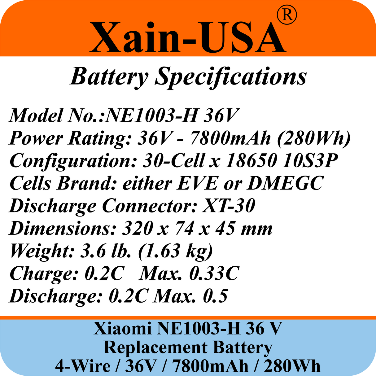 High-Performance Replacement Battery For Xiaomi M365 PN: NE1003-H (36V 7800mAh, 280Wh) with Built-in Communication Protocol. Please See Our Catalog for Xiaomi Scooter Compatibility List.