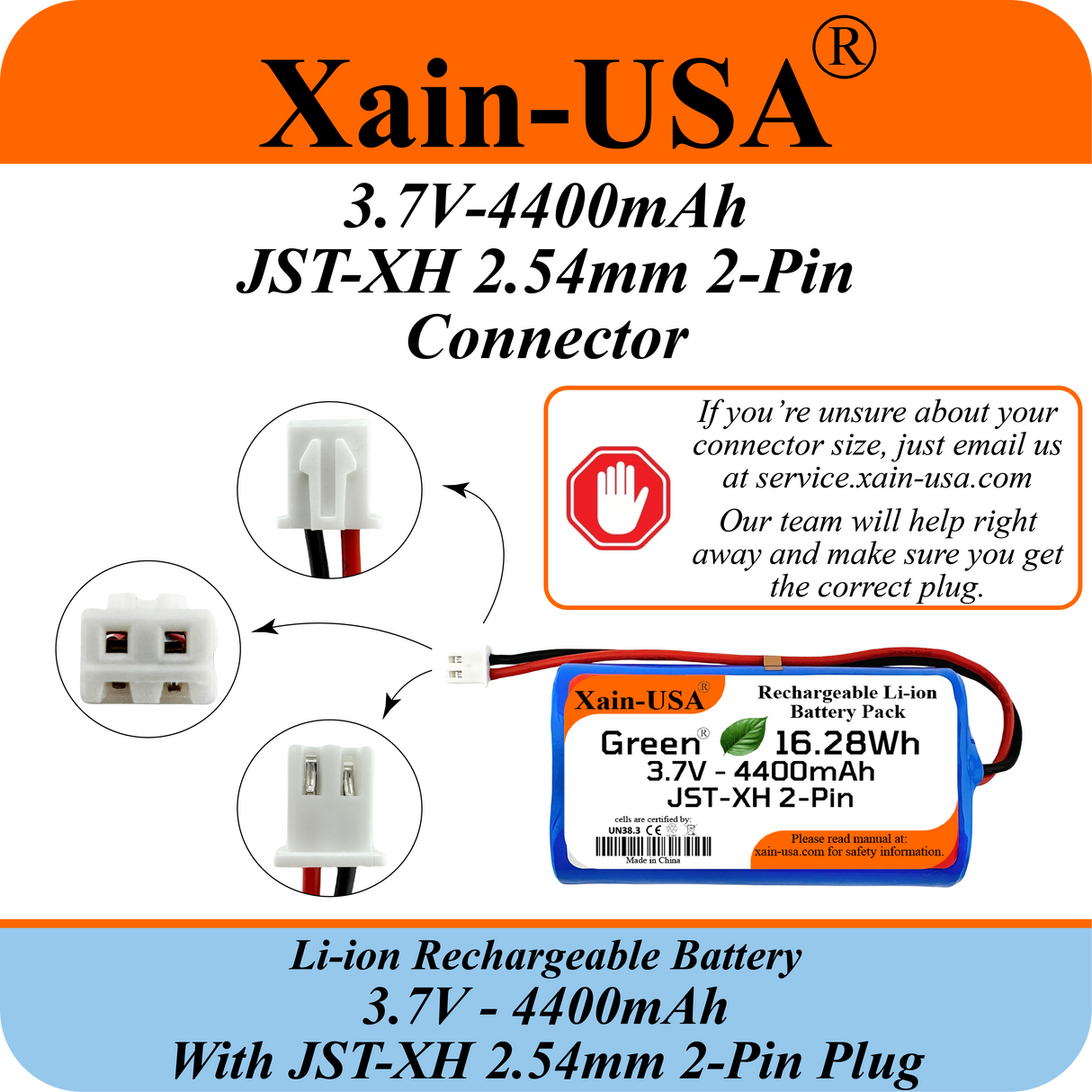 3.7V 4400mAh Li-ion Replacement Battery with JST-XH 2P 2.54mm Connector for Ortizan 24W Bluetooth Speaker IPX7, RC Toys, Lighting, DIY Equipment