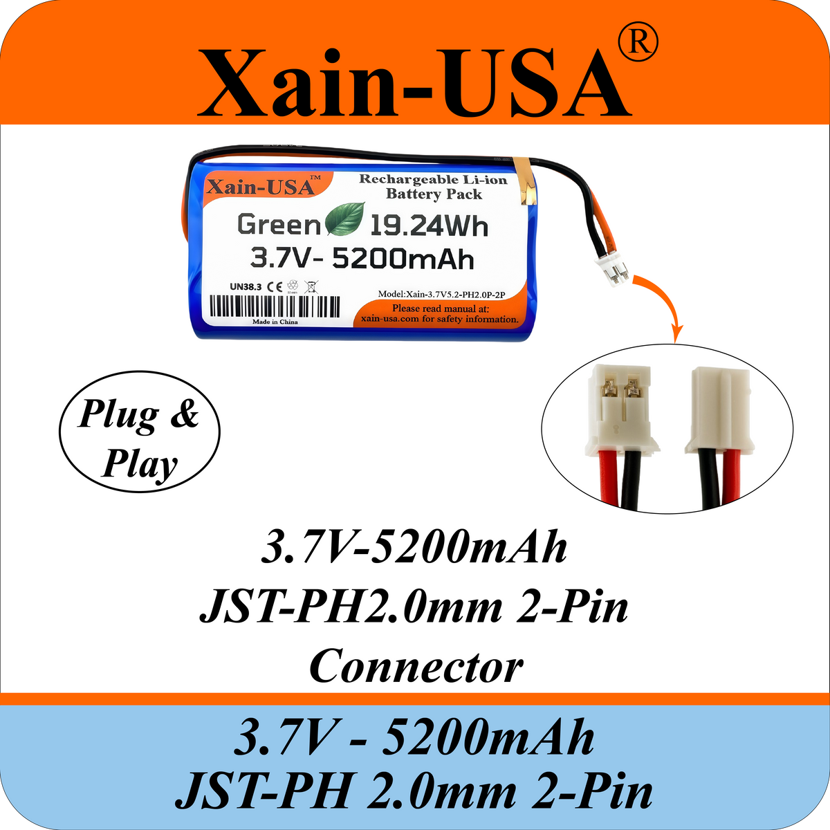 Premium 1S2P 3.7V 5200mAh / High Drain / Li-ion Battery Pack / with JST-PH 2-pin Plug / Supports 4A Continuous Discharge / Ideal for Bluetooth speakers, toys, lighting, and electronics.