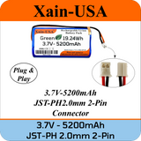 Long-Lasting 3.7V 5200mAh (19.24Wh) Rechargeable Li-ion Battery. Features JST-PH 2-Pin, Xain-Xtra 1000+ Cycle Cells, and Integrated 3-MOS BMS.