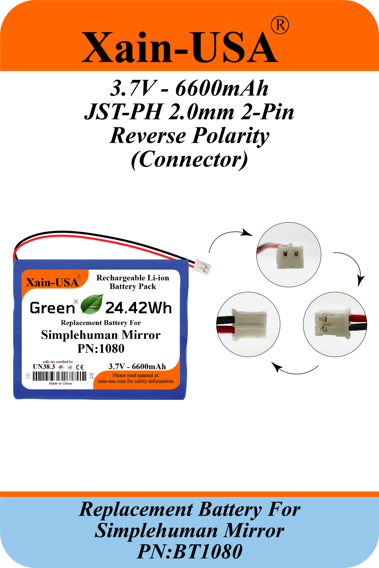 Replacement Battery PN: BT1080 for Simplehuman Mirrors (ST3024 ST3026 ST3027 ST3028) | 3.7V 6600mAh | Please Verify Part Number and Connector Before Purchase
