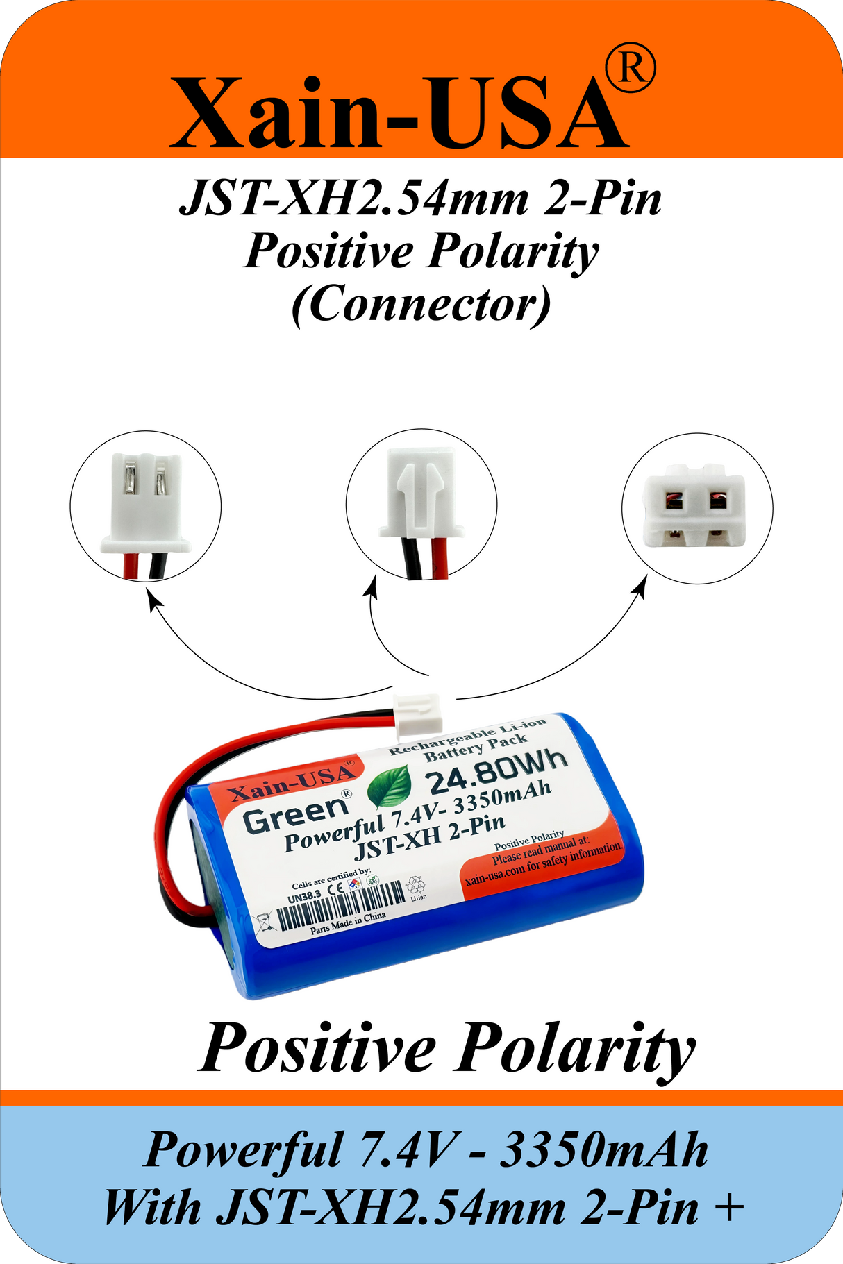 Powerful 7.4V 3350mAh 2S1P Li-ion Battery Pack with JST-XH 2 Pin Positive Polarity Connector for , Heated Back Massager , Solar Lighting , Electronic Equipment , Toys