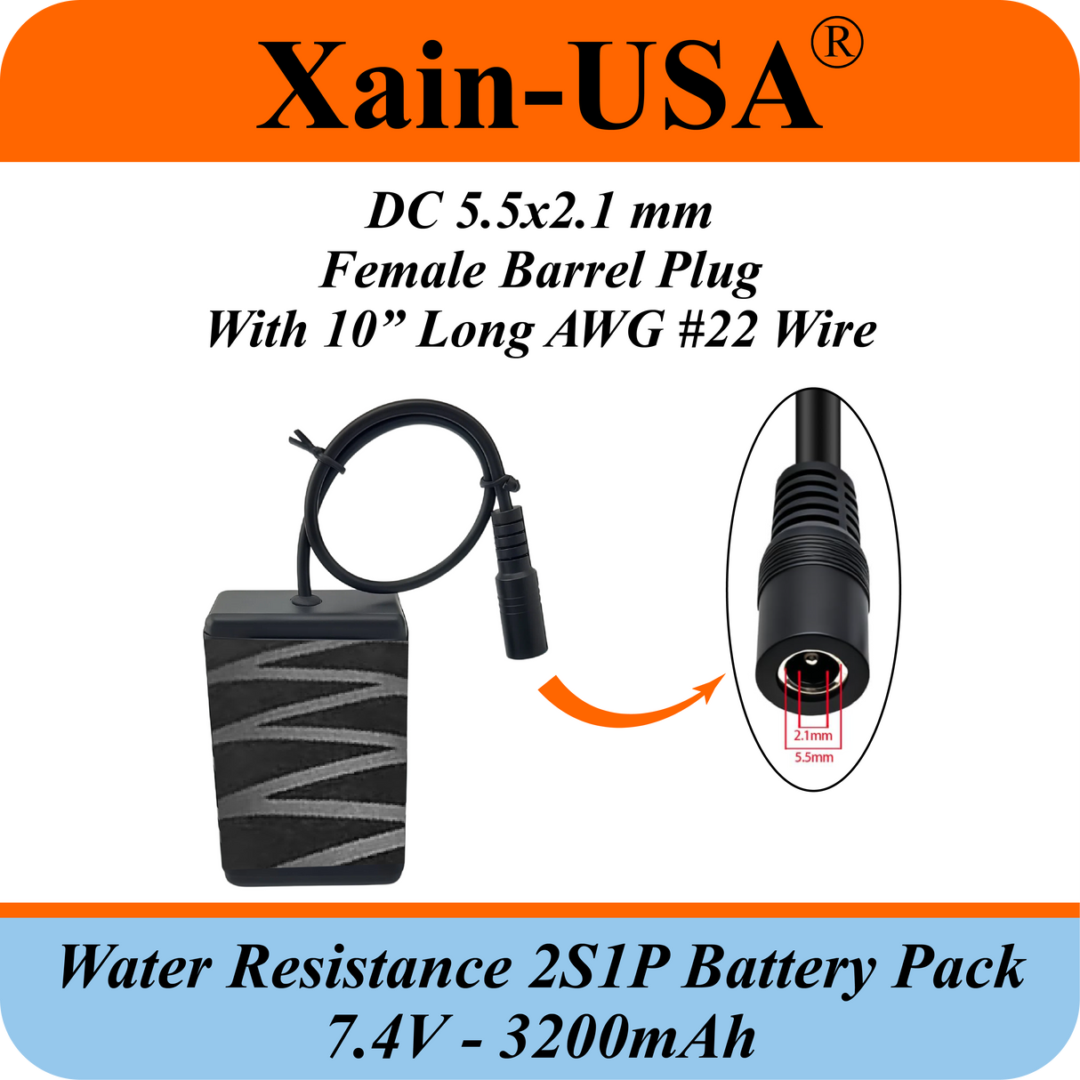 Water‑Resistant 7.4V 3200mAh Battery Pack for Bike LED Lights, DC 5.5×2.1mm Female Plug