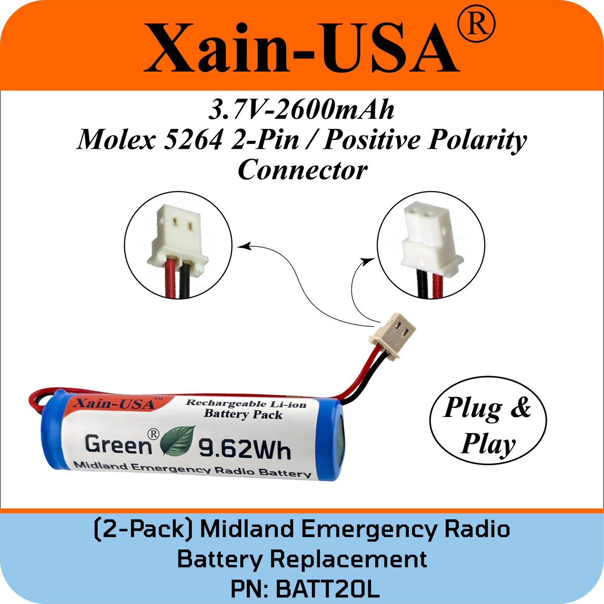 (2-Pack) PN: BATT20L Replacement Battery for Midland Emergency Radio ER200, ER300, ER210 (1st Gen), ER310 (1st Gen) – 2600mAh Li-ion, Future Xain-Xtra 1000+ Cycle Cell