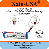 (2-Pack) PN: BATT20L Replacement Battery for Midland Emergency Radio ER200, ER300, ER210 (1st Gen), ER310 (1st Gen) – 2600mAh Li-ion, Future Xain-Xtra 1000+ Cycle Cell