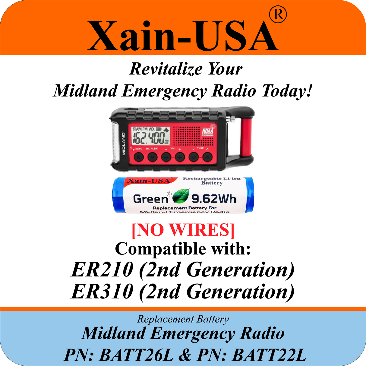 Battery Replacement for Midland ER210/ER310 (2nd Gen.)  / PN: BATT26L and PN:BATT22L / 2600mAh / with Built-in BMS