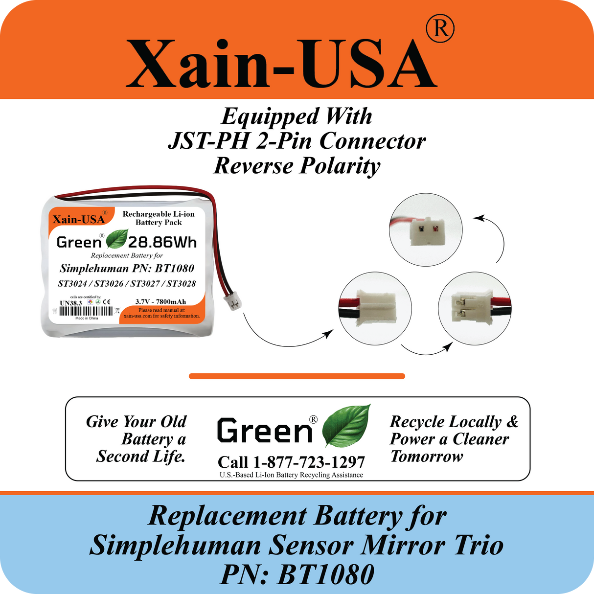 7800mAh ULTRA-CAPACITY Replacement Battery for Simplehuman PN:BT1080 Model: ST3024 Sensor Mirror Trio, 3.7V Rechargeable Li-ion Pack, Built with Xain-Xtra Cells for 1000+ Cycles, Twice the Lifespan of Standard Cells