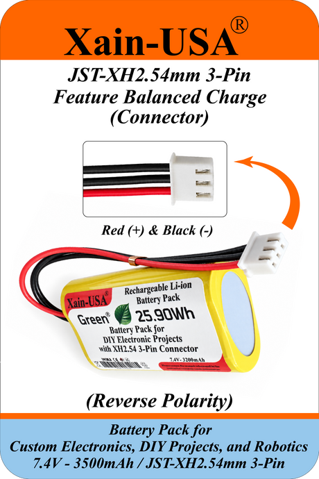 7.4V 3500mAh Li-ion Battery Pack for DIY Electronics and Robotics, JST-XH 3-Pin Connector, Balance Charging, Built-in BMS, 5A Continuous Discharge