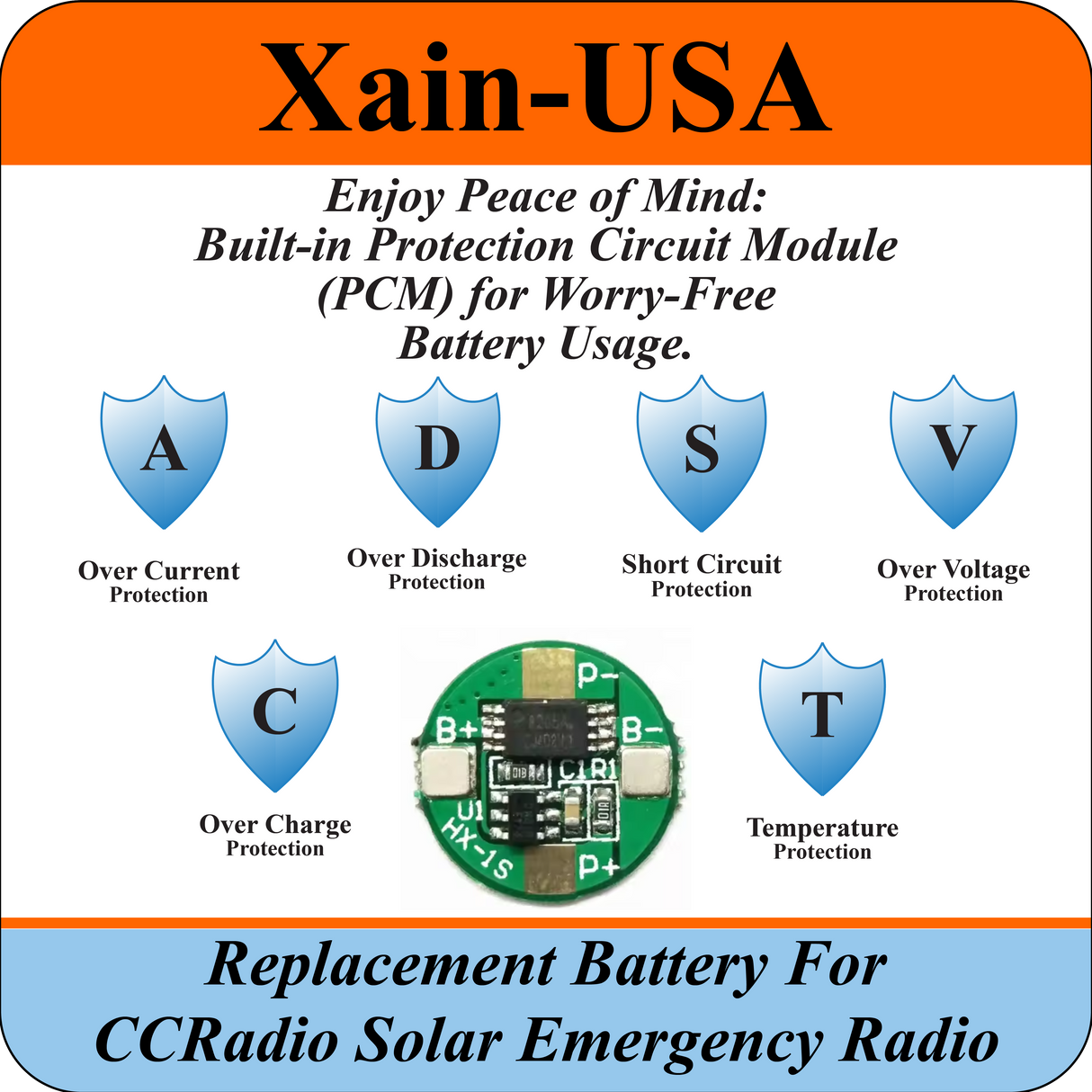 Replacement battery for the CCRadio Solar AM/FM/Weather Emergency Radio, Protected 3.7V Li-ion 3400mAh.