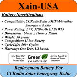 Replacement Battery for CCRadio Solar AM/FM/Weather, Li-ion 3.7V - 3200mAh