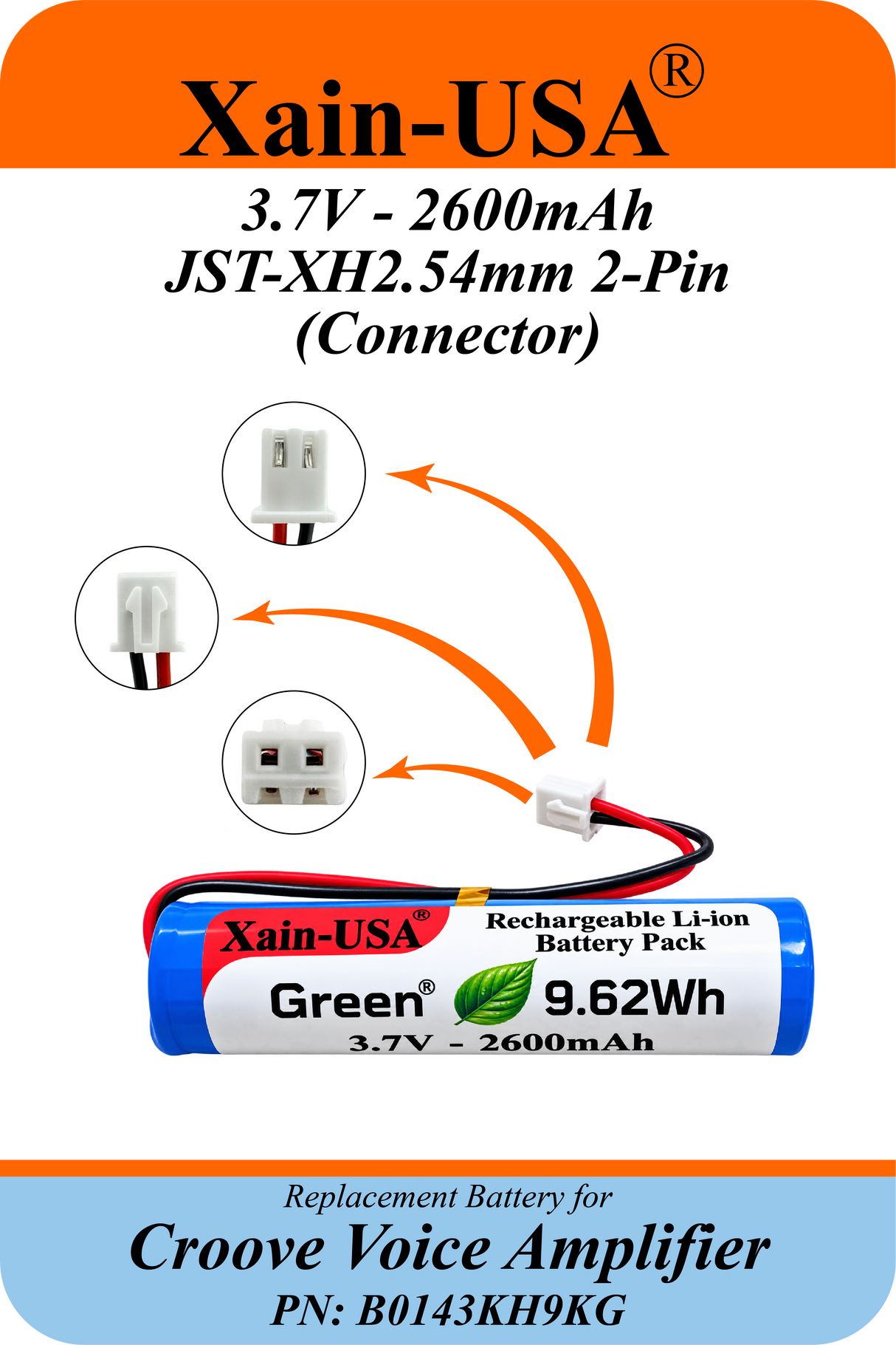 3.7V 2600mAh Replacement Battery for Croove Voice Amplifier PN B0143KH9KG, Rechargeable Li-ion 18650 Battery Pack, JST-XH2.54 2-Pin Connector, Built-in Protection, 9.62Wh