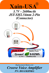 3.7V 2600mAh Replacement Battery for Croove Voice Amplifier PN B0143KH9KG, Rechargeable Li-ion 18650 Battery Pack, JST-XH2.54 2-Pin Connector, Built-in Protection, 9.62Wh