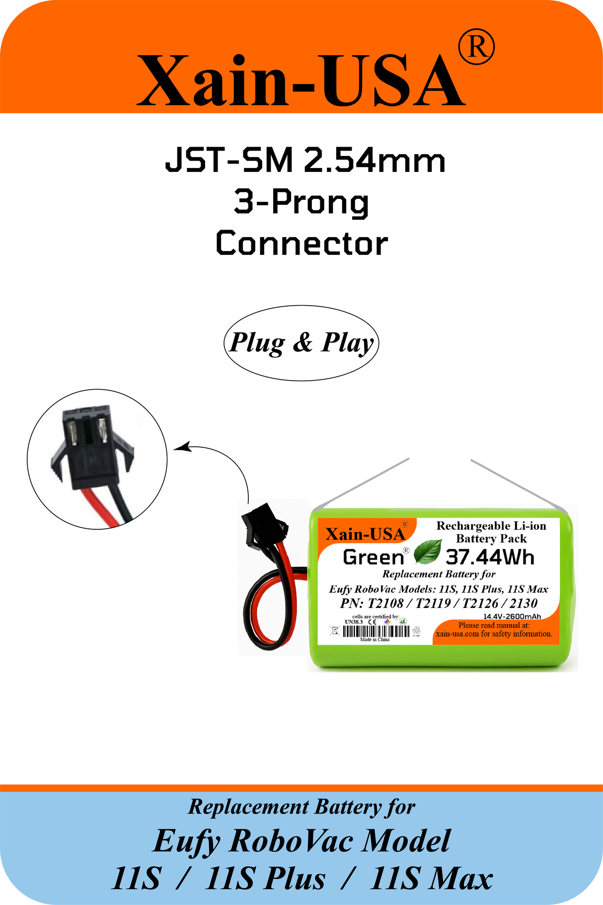 14.4V 2600mAh Li-ion Replacement Battery for Eufy RoboVac 11S (T2108) 11S Plus (T2119) 11S Max (T2126 / T2130)   3-Pin Connector  High-Capacity Rechargeable Battery Pack