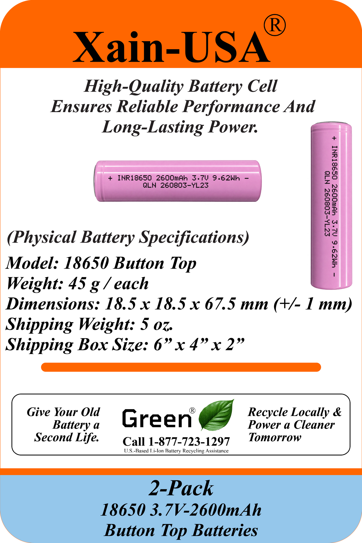 2-Pack 3.7V 2600mAh 18650 Button Top Rechargeable Li-ion Batteries – 9.62Wh, Unprotected Cells