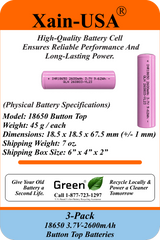 3-Pack 3.7V 2600mAh 18650 Button Top Rechargeable Li-ion Batteries – 9.62Wh, Unprotected Cells