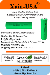 Xain-USA 3-Pack 3.7V 3200mAh 18650 Button-Top Rechargeable Li-ion Batteries | 11.84Wh Each | Unprotected Cells – No BMS