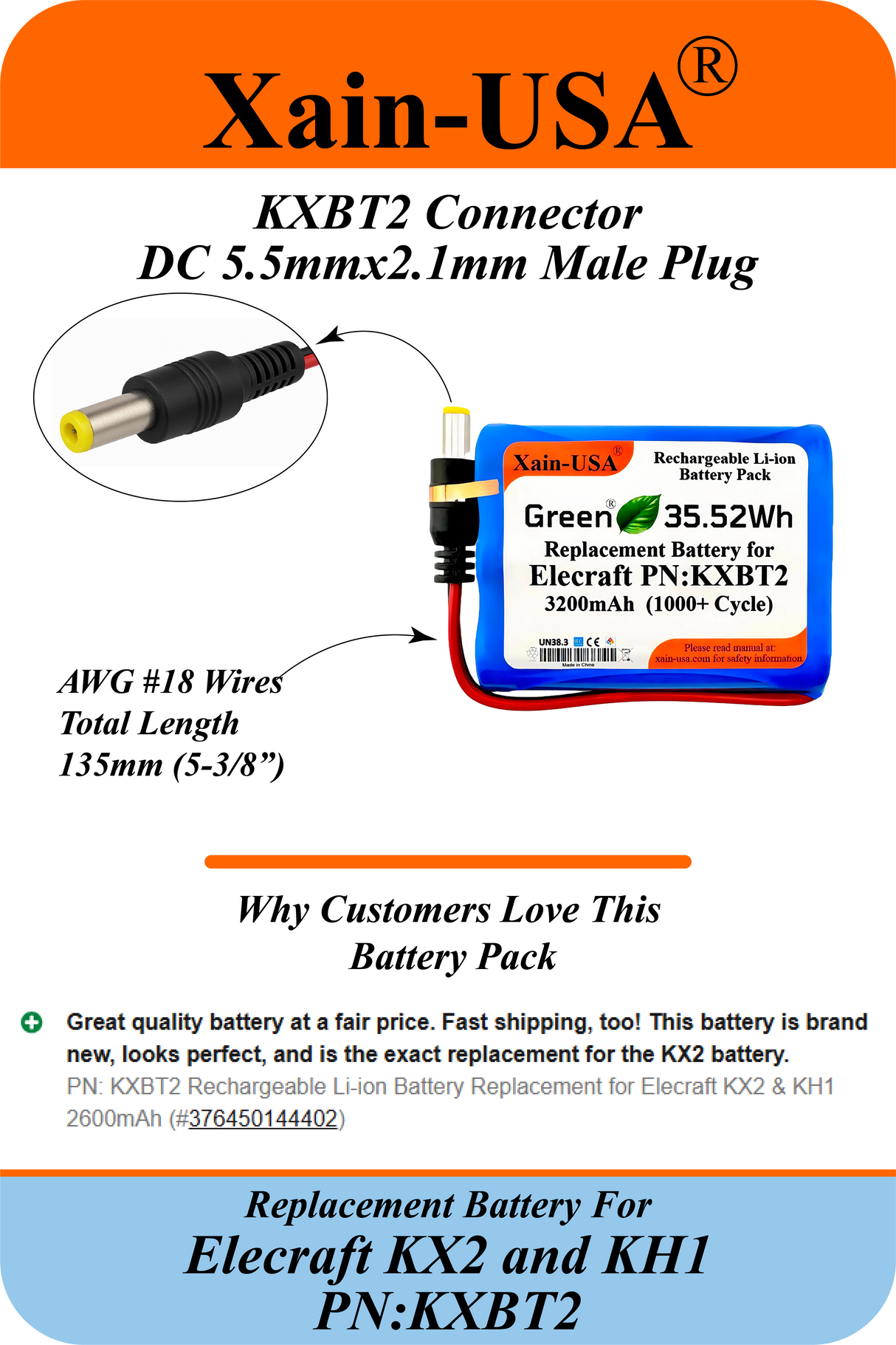Long-Lasting 3200mAh Rechargeable Li-ion Battery PN: KXBT2 | Direct Replacement for Elecraft KX2 & KH1 | Premium Xain-Xtra Cells, 1000+ Charge Cycles