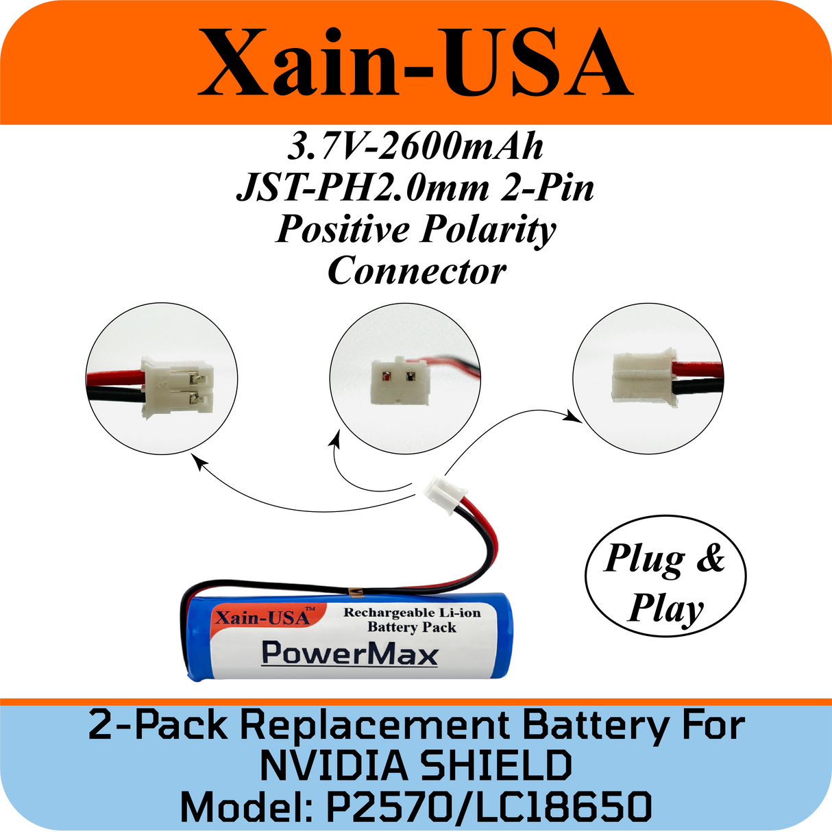 2-Pack: Replacement battery for NVIDIA P2570 Shield, Shield TV 1st Generation, PN: LC18650, 2600mAh