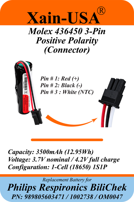 Xain-USA 3.7V 3500mAh Replacement Battery for Philips Respironics BiliChek Bilirubin Analyzer | Replaces 989805603471, 1002738, OM0047