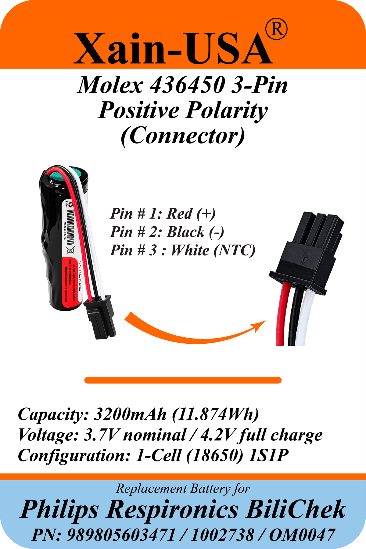 Xain-USA 3.7V 3200mAh Replacement Battery for Philips Respironics BiliChek Bilirubin Analyzer | Replaces 989805603471, 1002738, OM0047