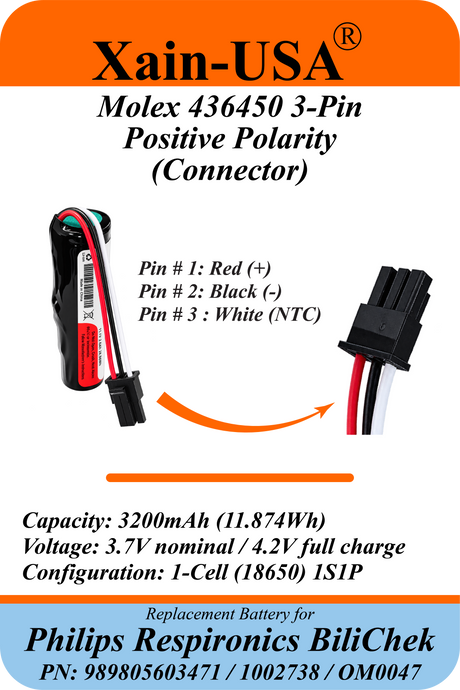 Xain-USA 3.7V 3200mAh Replacement Battery for Philips Respironics BiliChek Bilirubin Analyzer | Replaces 989805603471, 1002738, OM0047