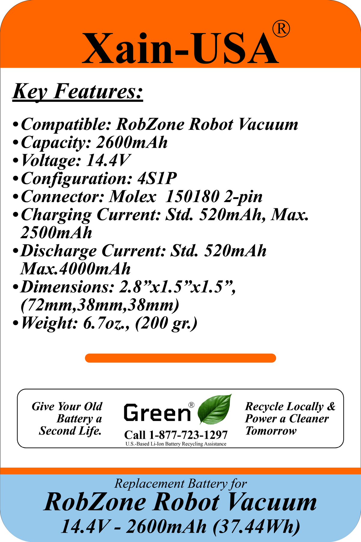Xain-USA 14.4V 2600mAh Replacement Battery for RobZone Roomy 2.0, Roomy 3.0, Fun Beat KS290, Bralko Galaxy | Replaces LI-022148-BYD, BYD-F1 | Built-In BMS