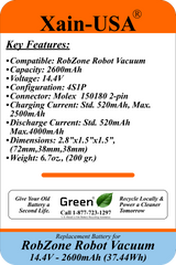 Xain-USA 14.4V 2600mAh Replacement Battery for RobZone Roomy 2.0, Roomy 3.0, Fun Beat KS290, Bralko Galaxy | Replaces LI-022148-BYD, BYD-F1 | Built-In BMS