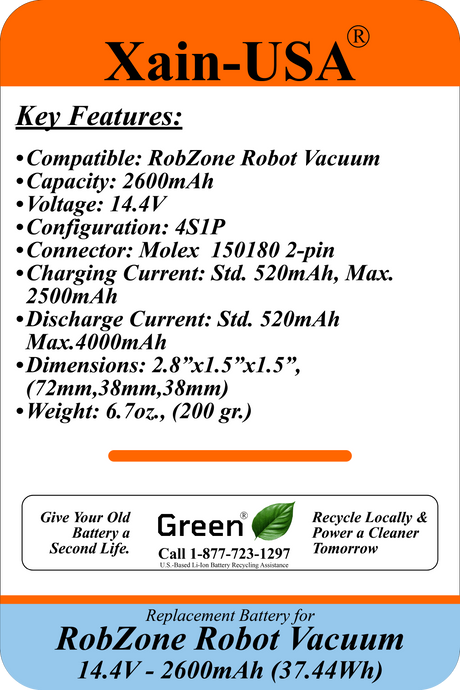 Xain-USA 14.4V 2600mAh Replacement Battery for RobZone Roomy 2.0, Roomy 3.0, Fun Beat KS290, Bralko Galaxy | Replaces LI-022148-BYD, BYD-F1 | Built-In BMS