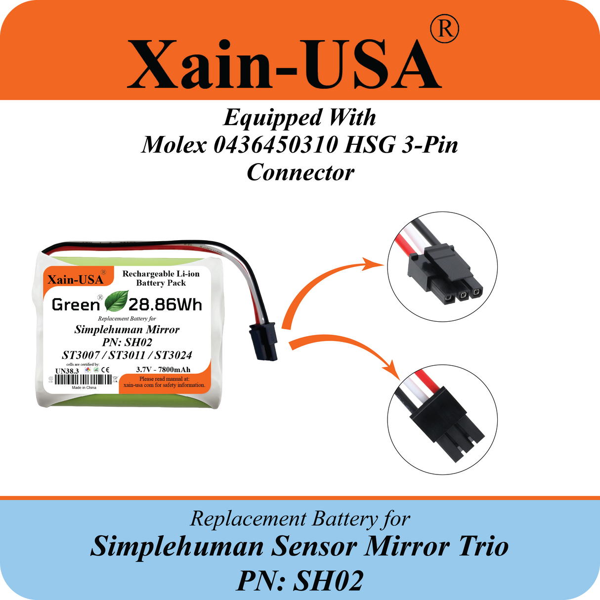 ULTRA-CAPACITY 7800mAh Battery for Simplehuman PN: SH02 Sensor Mirror Trio