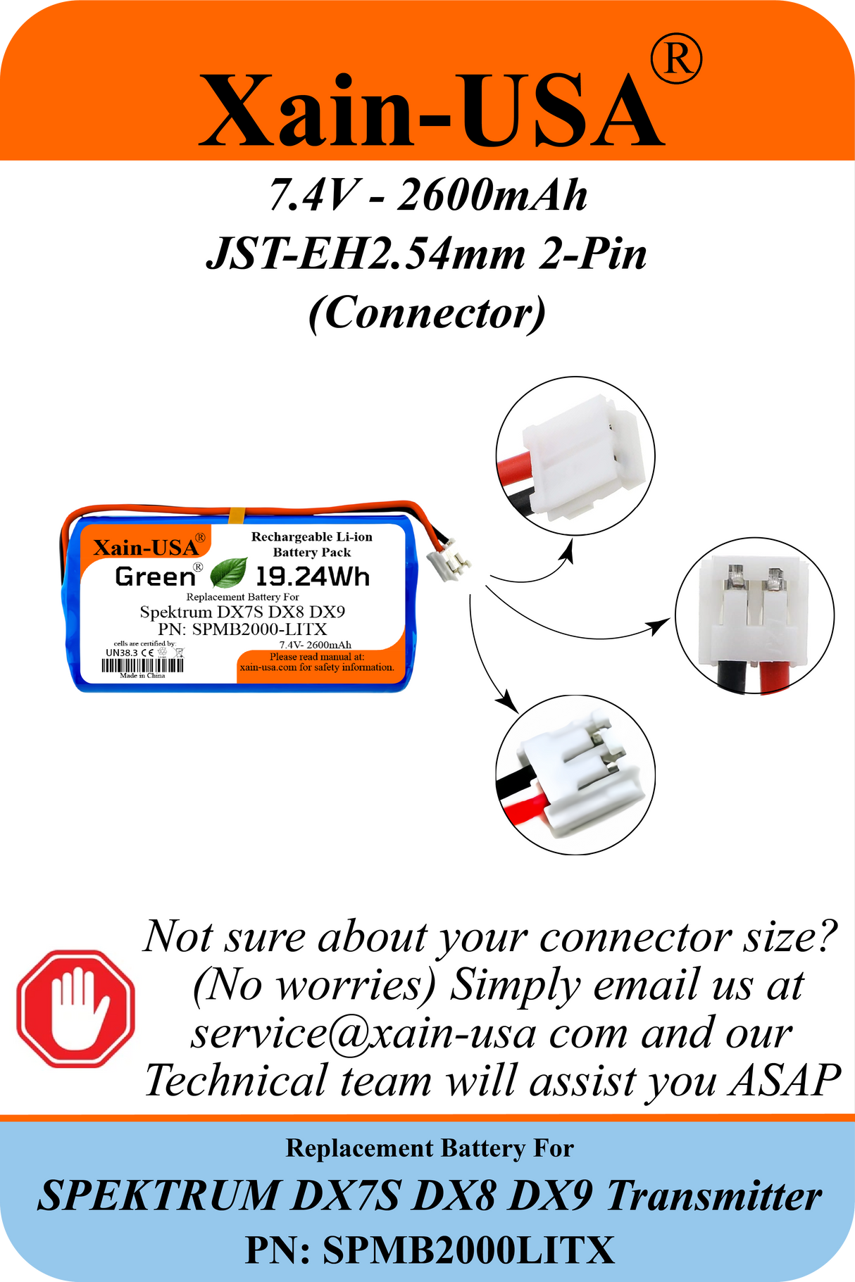 7.4V 2600mAh Li-Ion Replacement Battery for Spektrum DX7S/DX8/DX9 Transmitters, PN SPMB2000LITX, JST-EH2.54 2-Pin, Built-in BMS