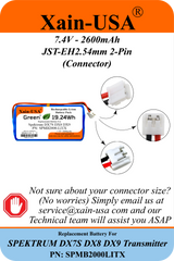 7.4V 2600mAh Li-Ion Replacement Battery for Spektrum DX7S/DX8/DX9 Transmitters, PN SPMB2000LITX, JST-EH2.54 2-Pin, Built-in BMS