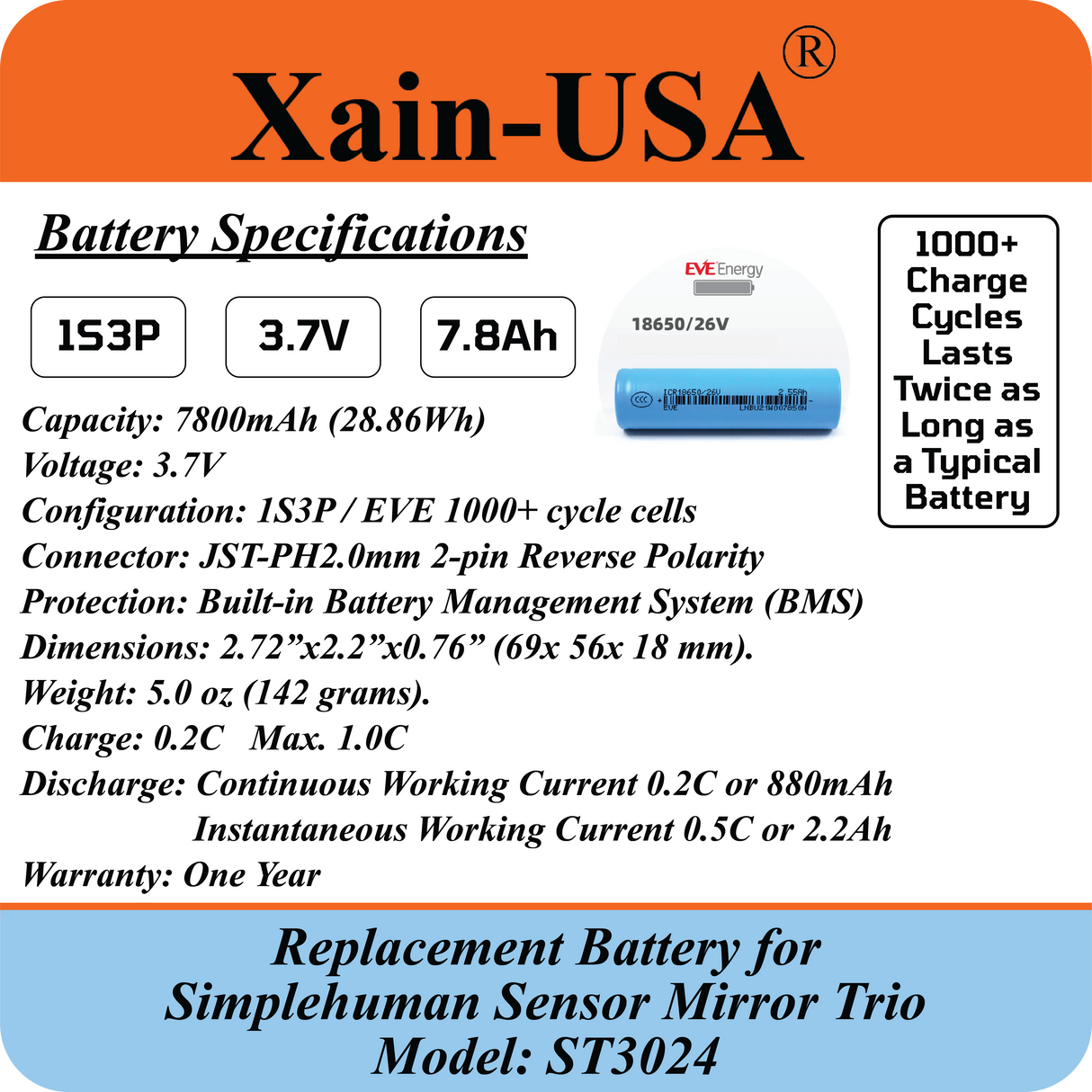 7800mAh ULTRA-CAPACITY Replacement Battery for Simplehuman ST3024 Sensor Mirror Trio, 3.7V Rechargeable Li-ion Pack, Built with Xain-Xtra Cells for 1000+ Cycles, Twice the Lifespan of Standard Cells