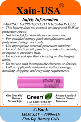 Xain-USA (2-Pack) Samsung SDI INR18650-35E 3.6V 3500mAh Rechargeable Li-ion Battery | 18650 Flat Top, 8A Continuous Discharge, Unprotected Industrial Cell