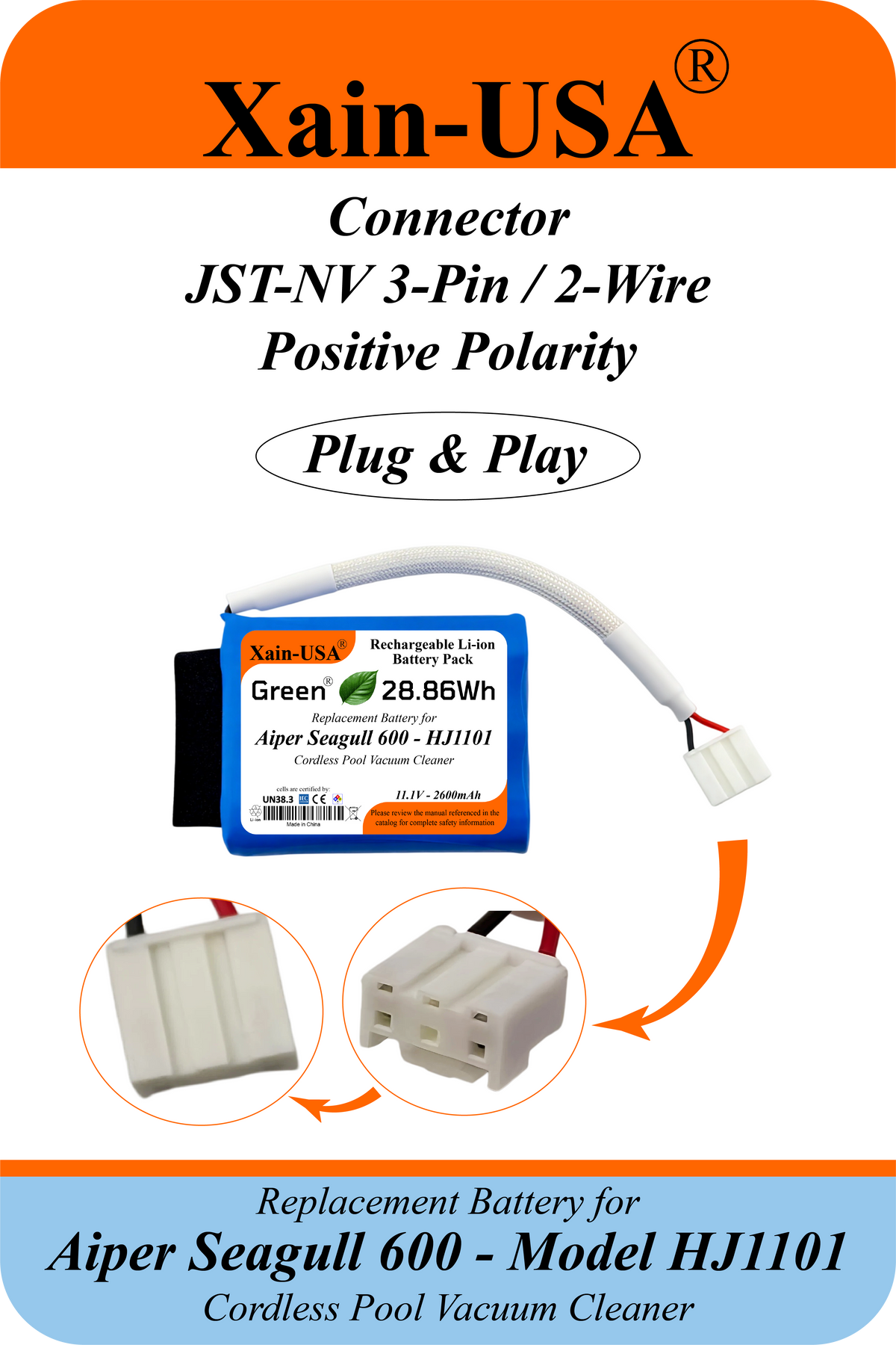 2600mAh Replacement Battery for Aiper Seagull 600 HJ1102 Cordless Pool Vacuum, 11.1V 28.86Wh, Built-in BMS – Check Connector Compatibility Before Ordering