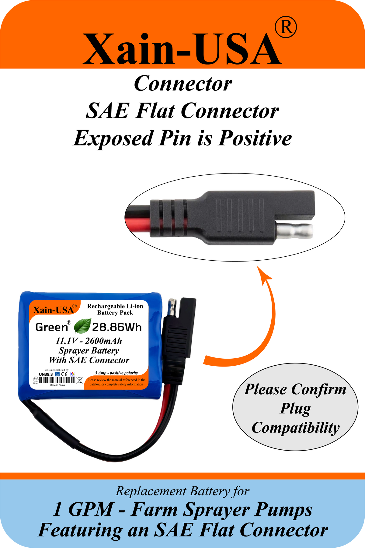 12V 2600mAh Replacement Battery for 1 GPM Farm Sprayers | SAE 2-Pin Connector | 5A Continuous Discharge | Built-in BMS